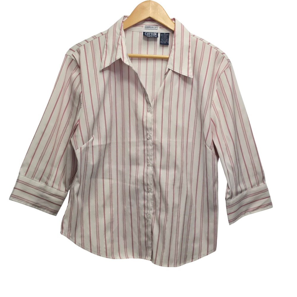 Cotton Express Womens White Red Stripe Button Up Stretch Top XL Metallic Sparkle